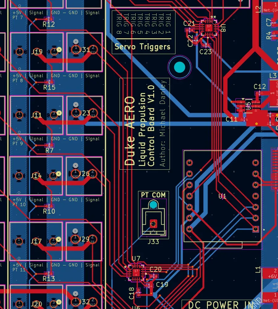 Layout of the in-house liquid propulsion control board, showing the servo bus and pressure-transducer interface.