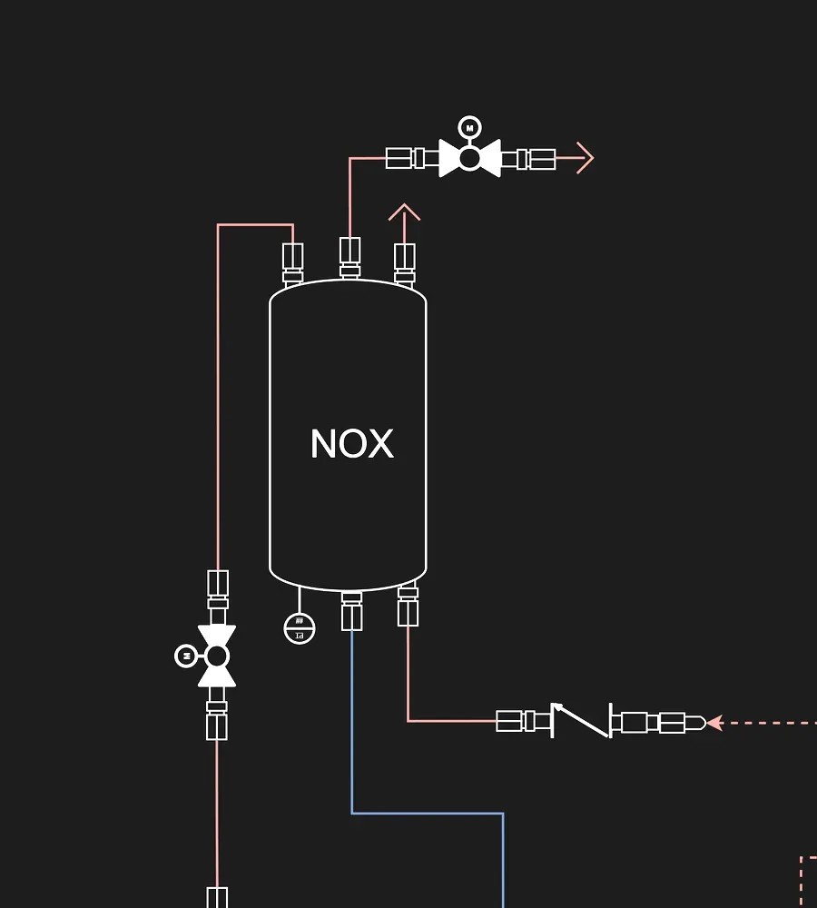 Piping and instrumentation diagram showing propellant tanks, servo ball valves, and check valves.