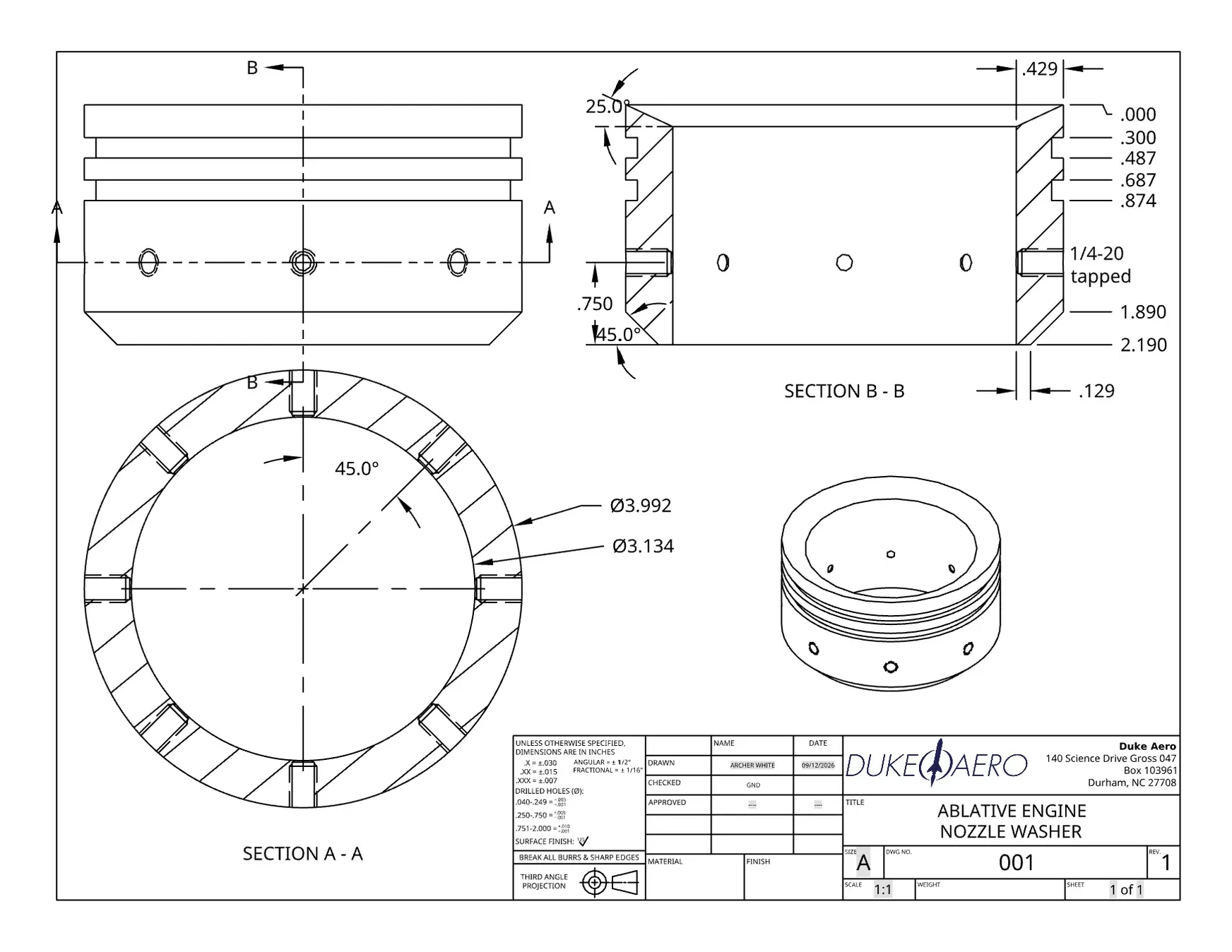 Dimensioned shop drawing of the ablative engine nozzle washer, with a plan view, two section views, and an isometric in a Duke AERO title block.
