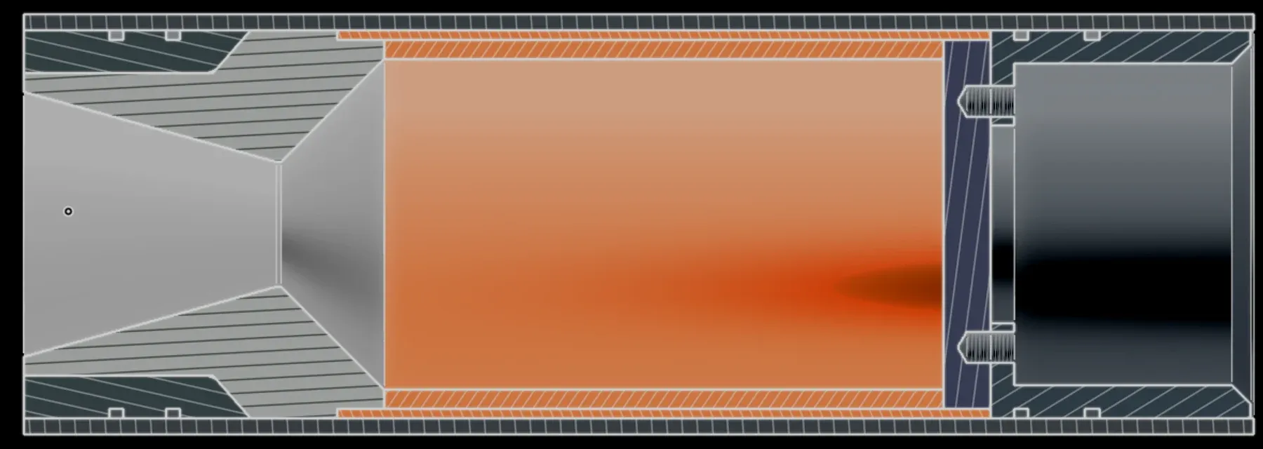 Engine cross-section showing the injector assembly, chamber, narrow throat, and expanding nozzle.