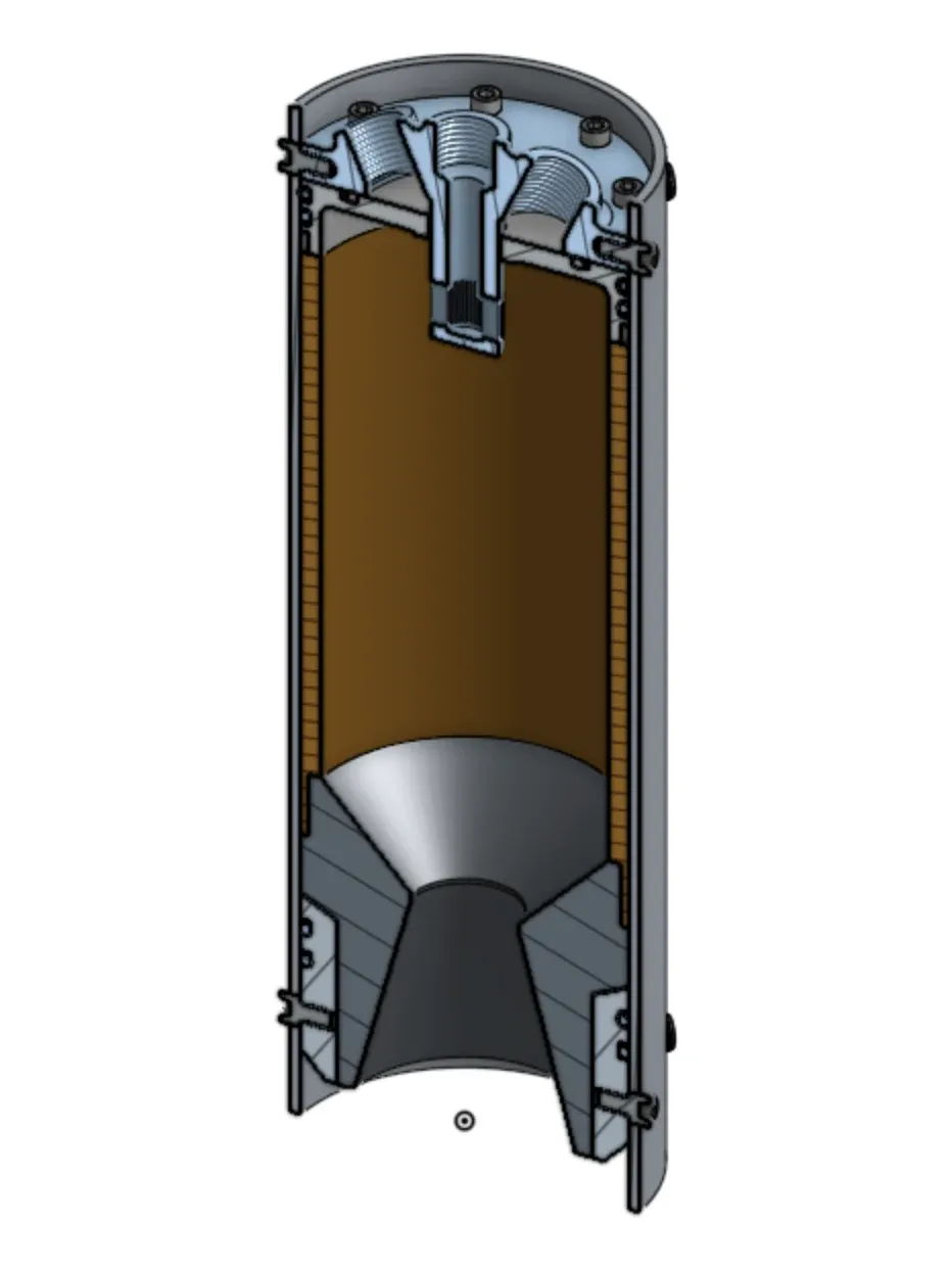 Cutaway CAD section of a propellant tank, showing the closure and its ports at the top, the propellant volume, and the outlet cone at the base.