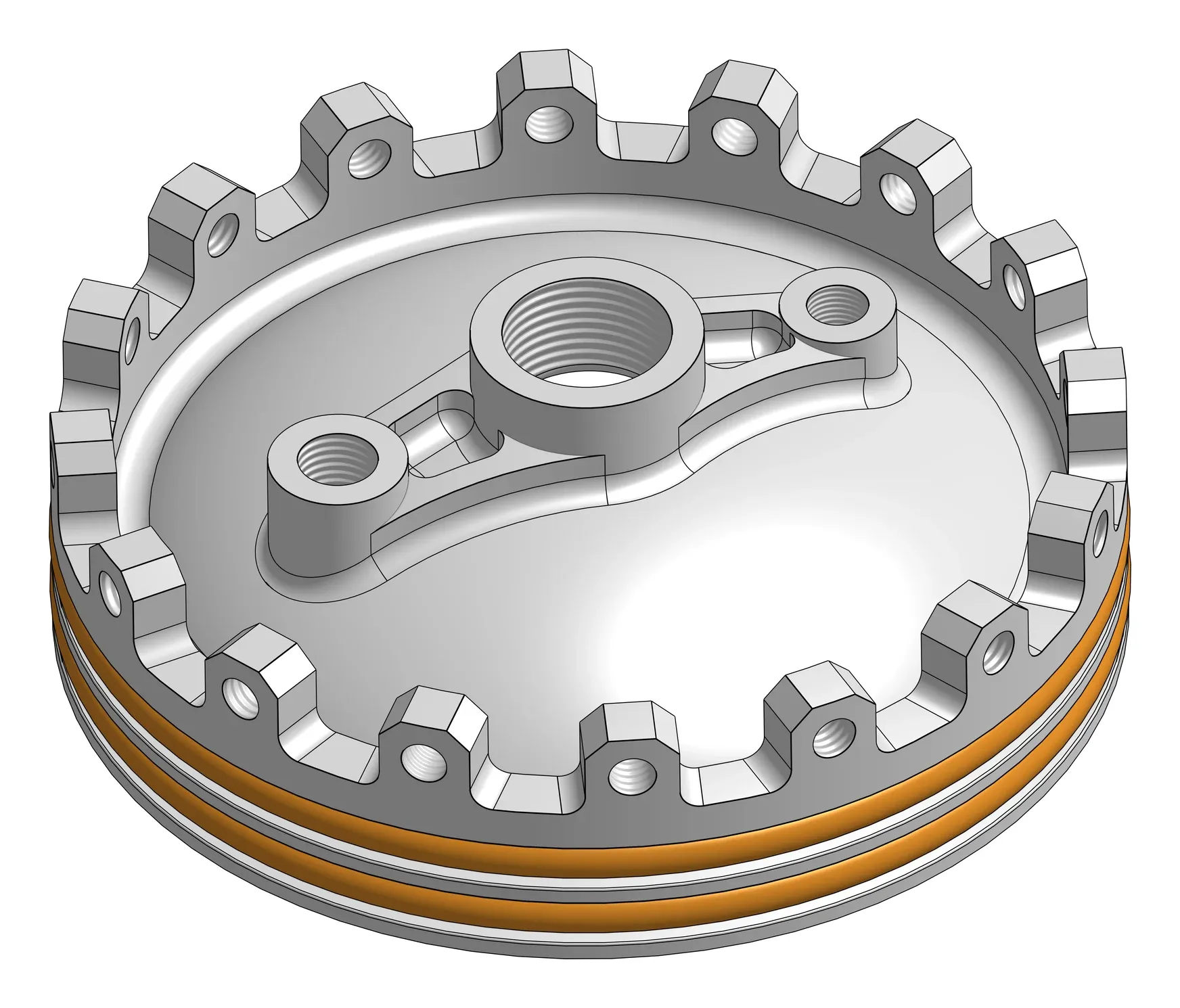 CAD render of a tank closure: a machined dome with threaded ports across its face, a ring of bolt lugs around the rim, and two O-ring grooves below them.