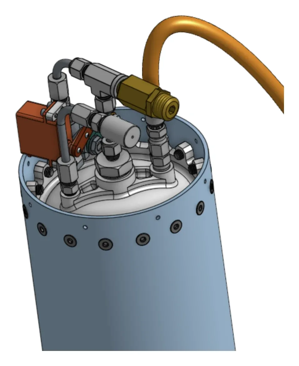 CAD render of the top of a propellant tank, with fittings, a valve, and a pressurant hose landing on the closure.