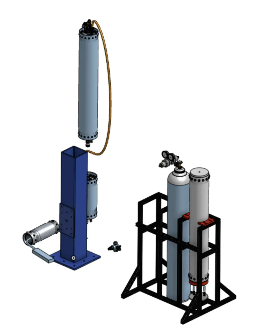 CAD model showing tanks, a gas cylinder, and the engine test stand with its supporting frames.