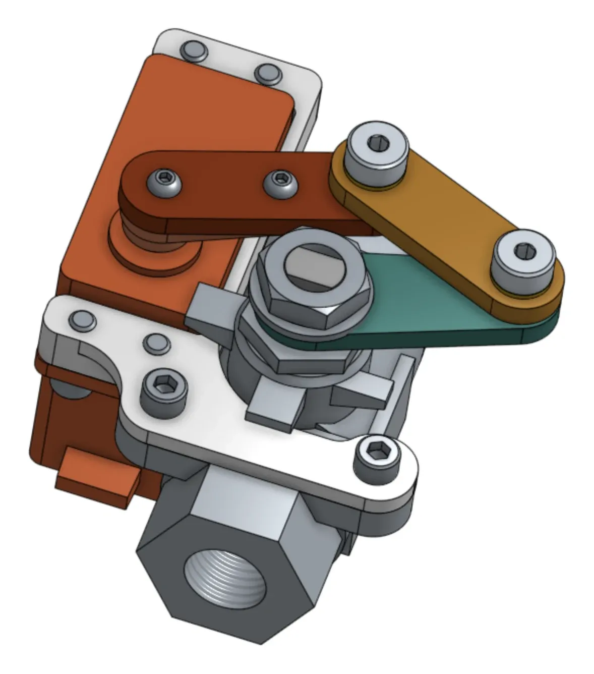 CAD render of a valve actuator: stacked mounting plates and a linkage arm driving the stem of a threaded valve body.